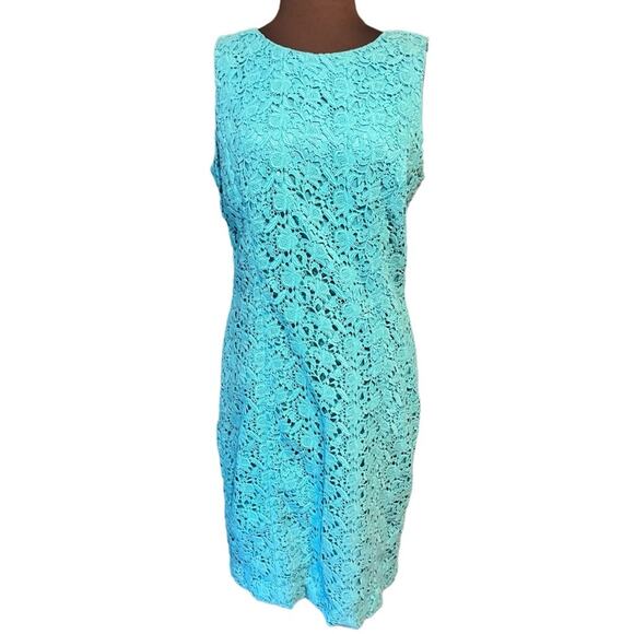 Talbots Aqua Lace Modest Boho Feminine Sleeveless Coquette Shift Dress Size 10 - Picture 2 of 7